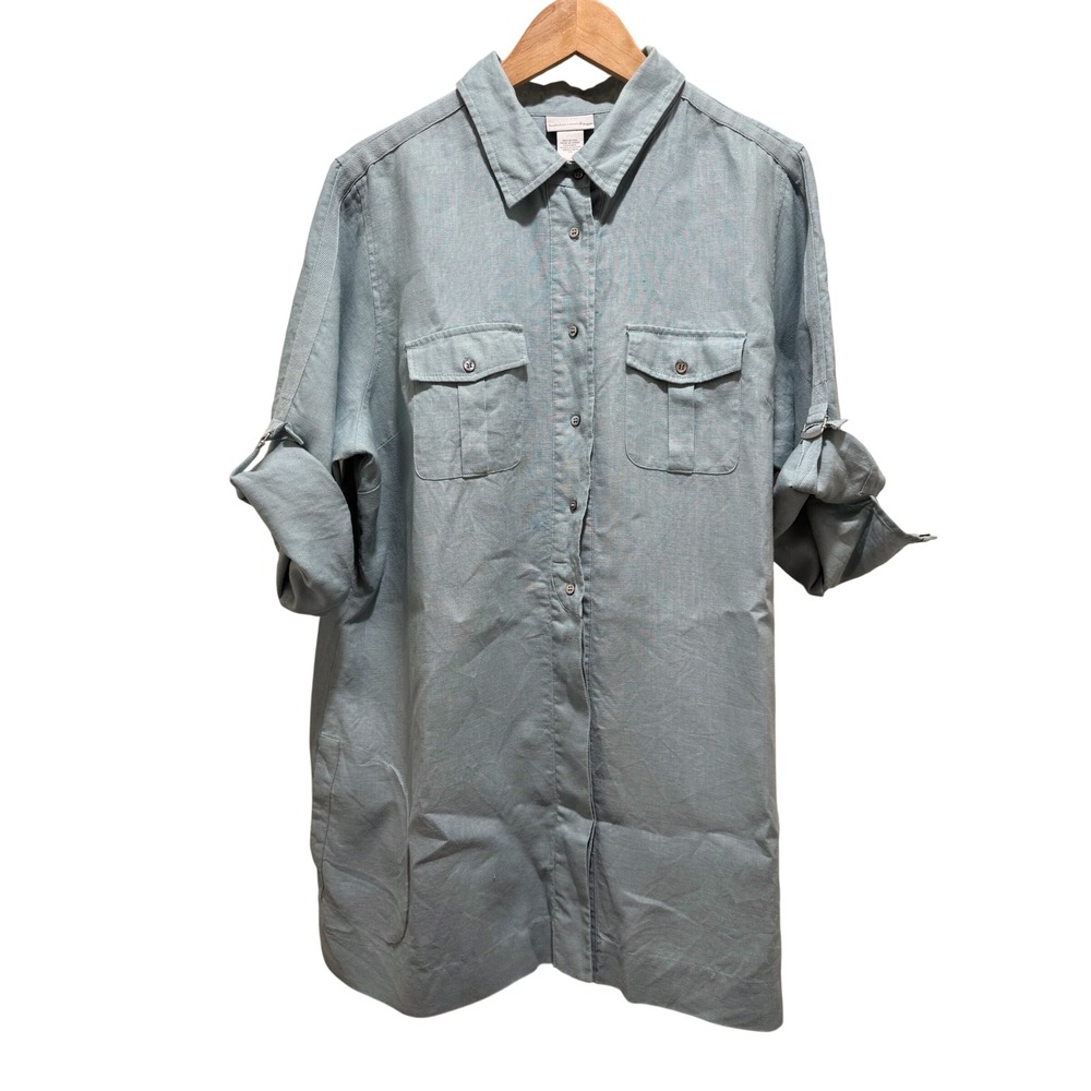 Soft Surroundings Tunic Top 3X 100% Linen Light Blue Roll Tab Sleeves